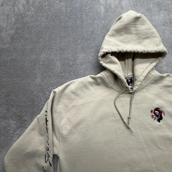 Riot Society Hoodie Mens Large Beige Fleece Sweatshirt Grim Reaper Skull Graphic - Picture 3 of 9